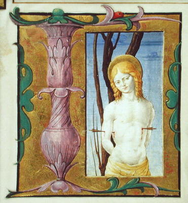 Historiated initial 'L' depicting St. Sebastian (vellum) from Scuola pittorica italiana