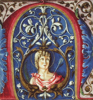 Historiated initial 'N' depicting St. Sebastian (vellum) from Scuola pittorica italiana