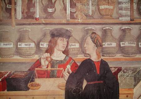 Interior of a Pharmacy, detail of the shopkeeper weighing produce from Scuola pittorica italiana