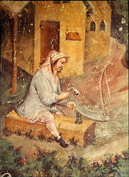 The Month of July, detail of a peasant sharpening his scyte from Scuola pittorica italiana
