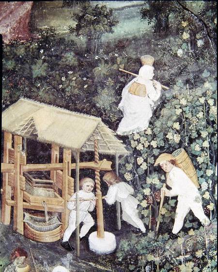 The Month of October, detail of grape-pickers pressing grapes from Scuola pittorica italiana