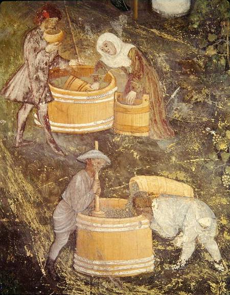 The Month of October, detail of grape-pickers and vats from Scuola pittorica italiana