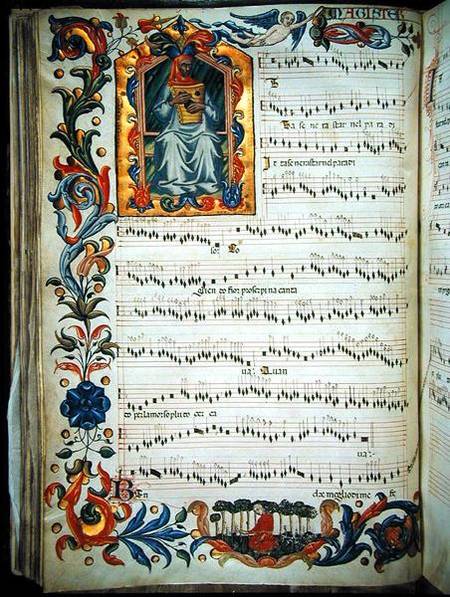 Page of musical notation with historiated initial, produced at the Florentine monastery of S. Maria from Scuola pittorica italiana