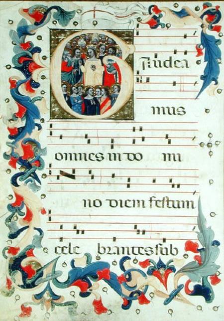 Page of musical notation with a historiated initial 'G' depicting a group of saints with St. Ursula from Scuola pittorica italiana