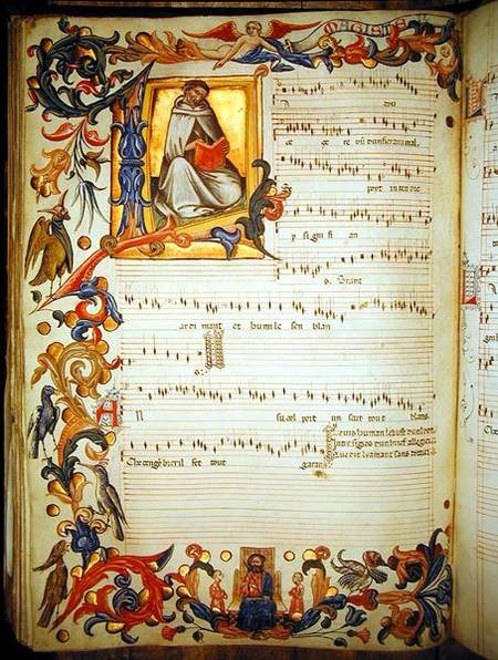 Page of musical notation with a historiated initial, produced at the Florentine monastery of S. Mari from Scuola pittorica italiana