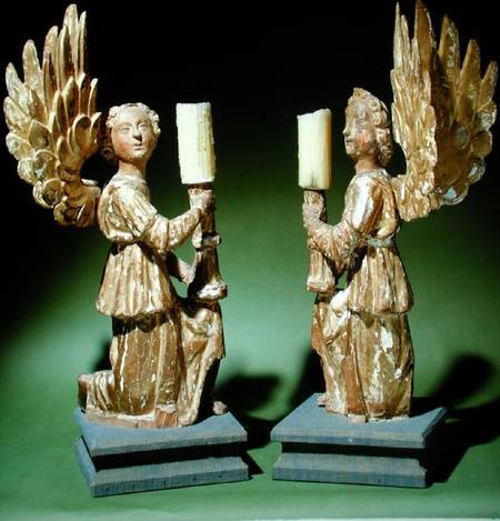 Pair of carved candlesticks (polychrome oak) from Scuola pittorica italiana