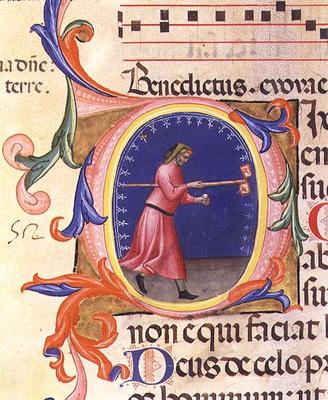 Ms 559 f.113v Historiated initial 'O' depicting St. Joseph holding a rod with two flags decorated wi from Italian School, (14th century)