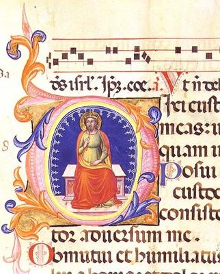 Ms 559 f.38v Historiated initial 'O' depicting St. Matthew, from the Psalter of Santa Maria Novella, from Italian School, (14th century)