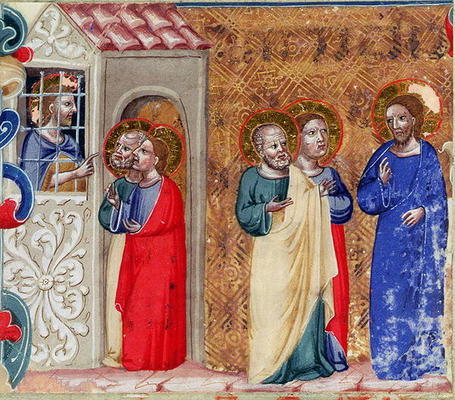 St. John imprisoned and sending two disciples to Christ (vellum) from Italian School, (14th century)