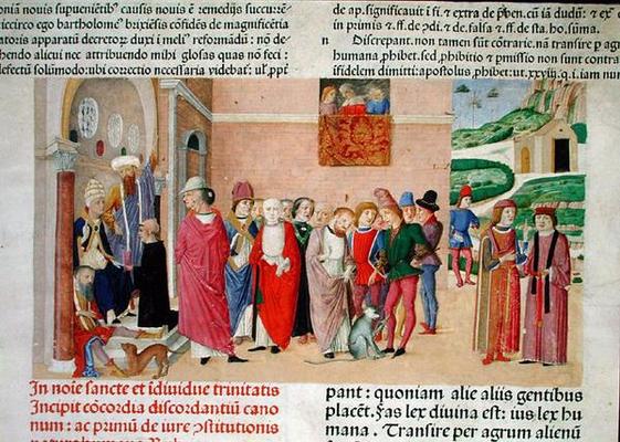 Presentation of the work to the Pope, from 'Decretum Gratiani' (vellum) from Italian School, (15th century)