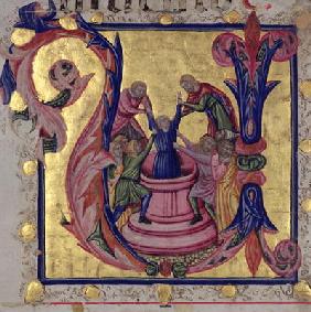 Historiated initial 'U' depicting Joseph being pulled from the well by his brothers, Tuscan School (
