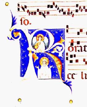 P 23 V Historiated initial 'R' depicting an angel and a female saint (vellum)