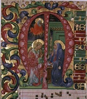 Historiated initial 'M' depicting The Annunciation (vellum)