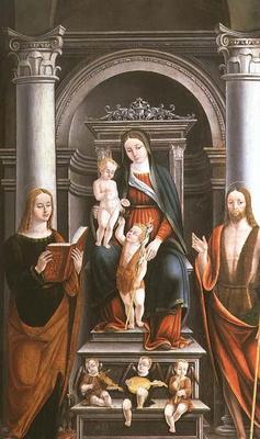 Madonna and Child receiving a rose from the Infant St. John the Baptist, with saints and angels by M