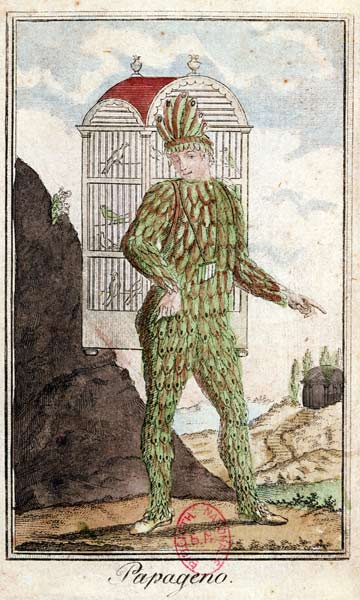 Papageno the bird-catcher, from 'The Magic Flute' by Wolfgang Amadeus Mozart (1756-91), (coloured en from Italian School, (18th century)