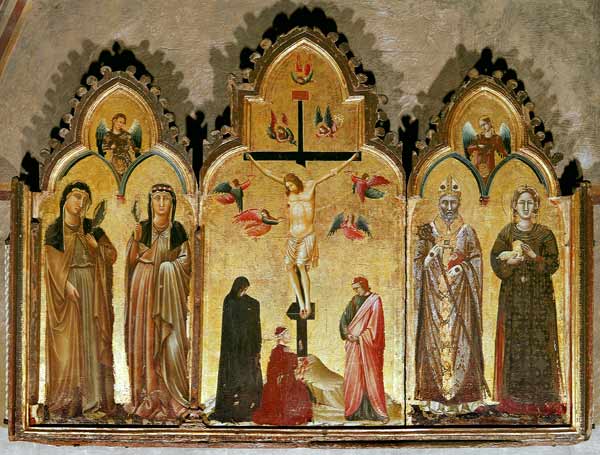 Kreuzigung mit Stifter und den Heiligen Agnes, Rufinus, Klara von Assisi und Agnes der Klarissin from Italienisch