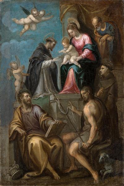 Thronende Madonna mit dem Kind und den Heiligen Joseph, Dominikus, Bartholomäus, Johannes der Täufer