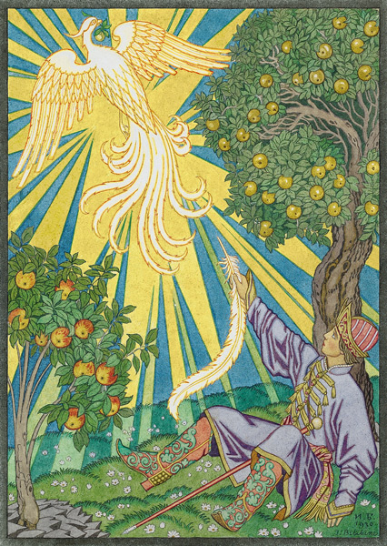 Illustration for the Fairy tale of Ivan Tsarevich, the Firebird, and the Gray Wolf from Ivan Jakovlevich Bilibin