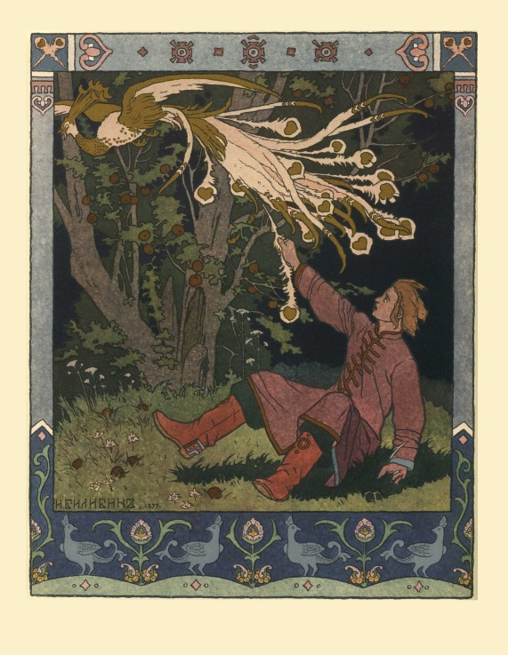 Illustration for the Fairy tale of Ivan Tsarevich, the Firebird, and the Gray Wolf from Ivan Jakovlevich Bilibin