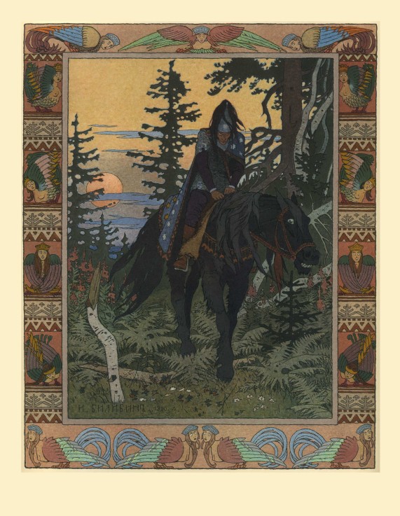Illustration for the Fairy tale of Vasilisa the Beautiful and White Horseman from Ivan Jakovlevich Bilibin