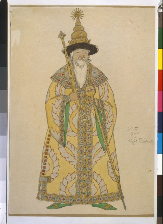 Tsar Dadon. Costume design for the opera The golden Cockerel by N. Rimsky-Korsakov from Ivan Jakovlevich Bilibin