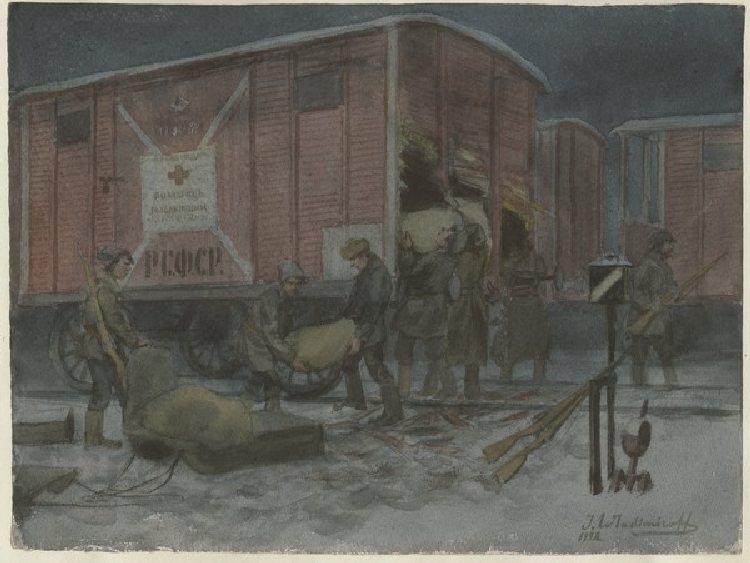 Soldaten plündern die Eisenbahnwaggons (Aus der Aquarellserie Russische Revolution) from Iwan Alexejewitsch Wladimirow