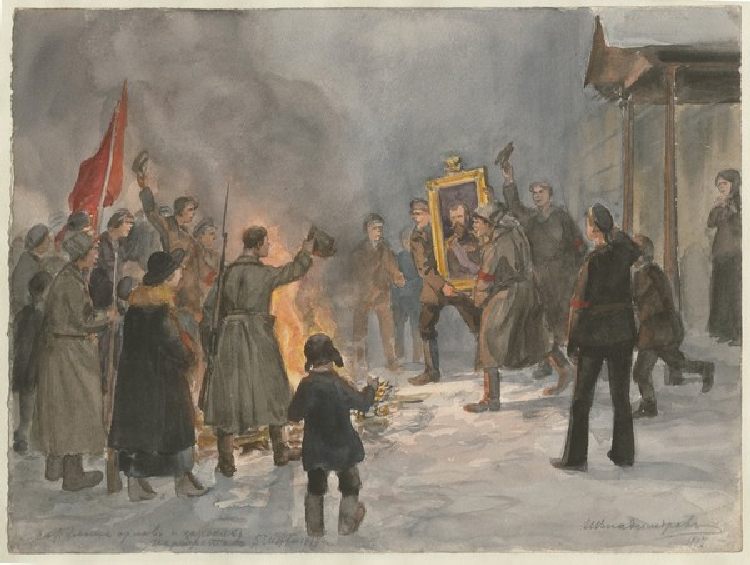 Soldaten verbrennen Gemälde (Aus der Aquarellserie Russische Revolution) from Iwan Alexejewitsch Wladimirow