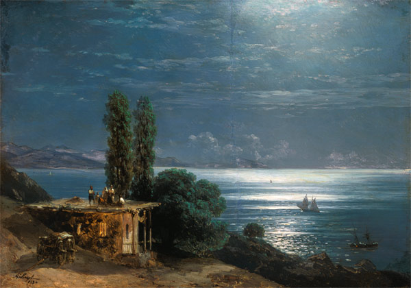 Abendlandschaft am Meer mit erleuchteter Villa. from Iwan Konstantinowitsch Aiwasowski