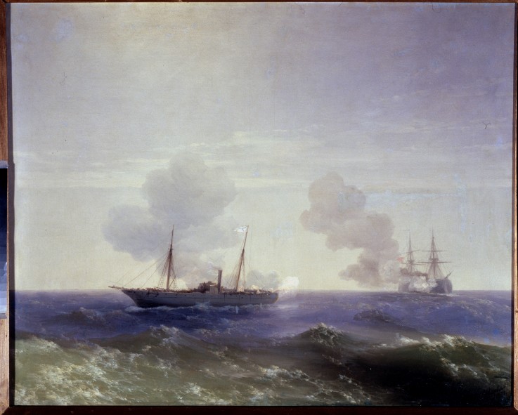 The naval battle between the Russian cruiser Vesta and the Turkish ironclad Fethi Bulend at the Blac from Iwan Konstantinowitsch Aiwasowski