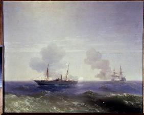 The naval battle between the Russian cruiser Vesta and the Turkish ironclad Fethi Bulend at the Blac