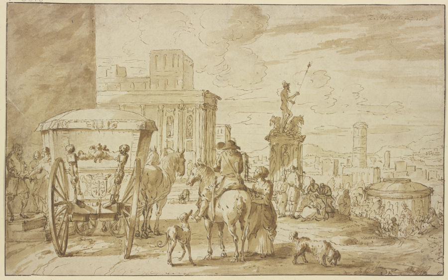 Römische Straße mit einem Monument des Neptun, links hält eine Kutsche, dabei ein Reiter, der mit ei from J. Blyhooft