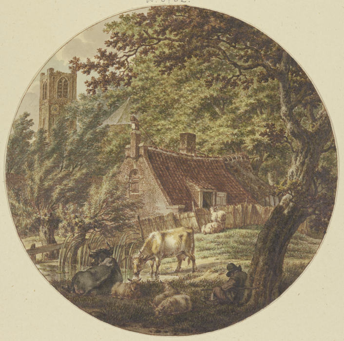 Hütte im Walde mit einigem Vieh, links ein Kirchturm from Jacob Cats