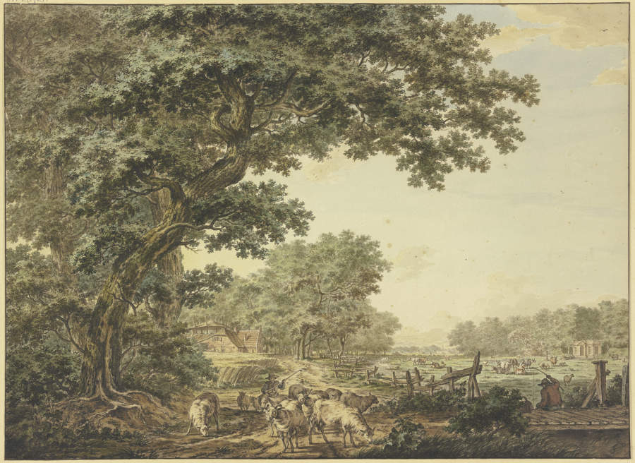Wiesengrund zwischen dem Wald mit vielem Vieh, vorne ein Schäfer mit seiner Herde, auf einer Brücke  from Jacob Cats