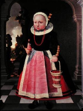 Portrait of a Little Girl Holding a Doll and a Basket