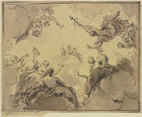 Apollo umgeben von Bacchus, Ceres, Flora und anderen Gottheiten