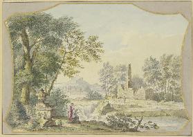Landschaft mit einer Ruine, links bei einer Vase unter Bäumen zwei Figuren