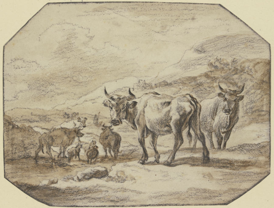 Zwei Kühe, in dem Mittelgrund geht einiges Vieh durch ein Wasser from Jacob van der Does d. Ä.