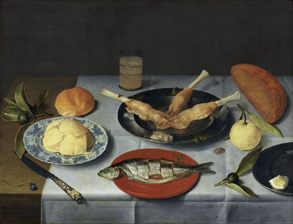 Breakfast with bread, cheese, fish and beer from Jacob van Hulsdonck