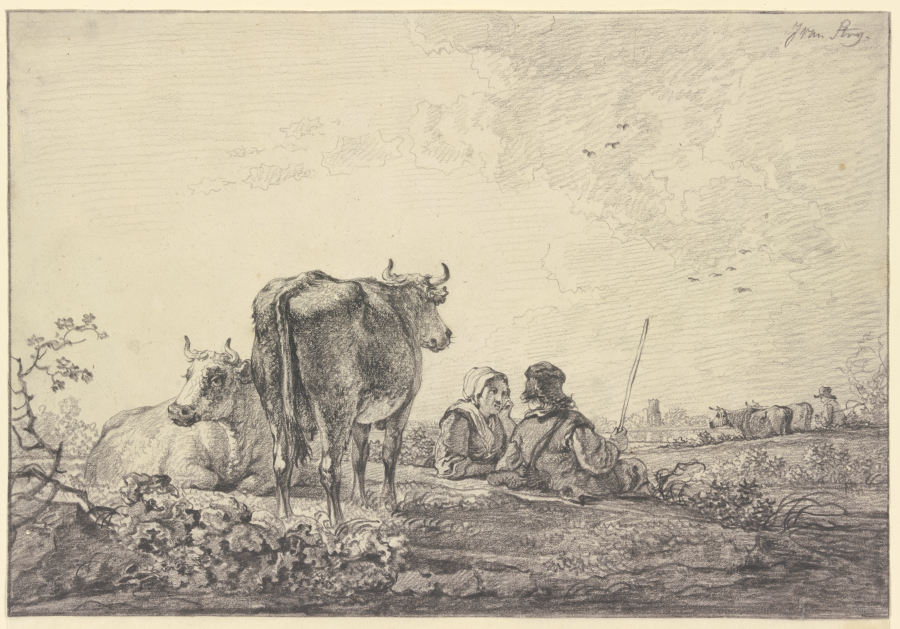 Hirtenpaar auf einer Weide bei der Rinderherde lagernd from Jacob van Strij