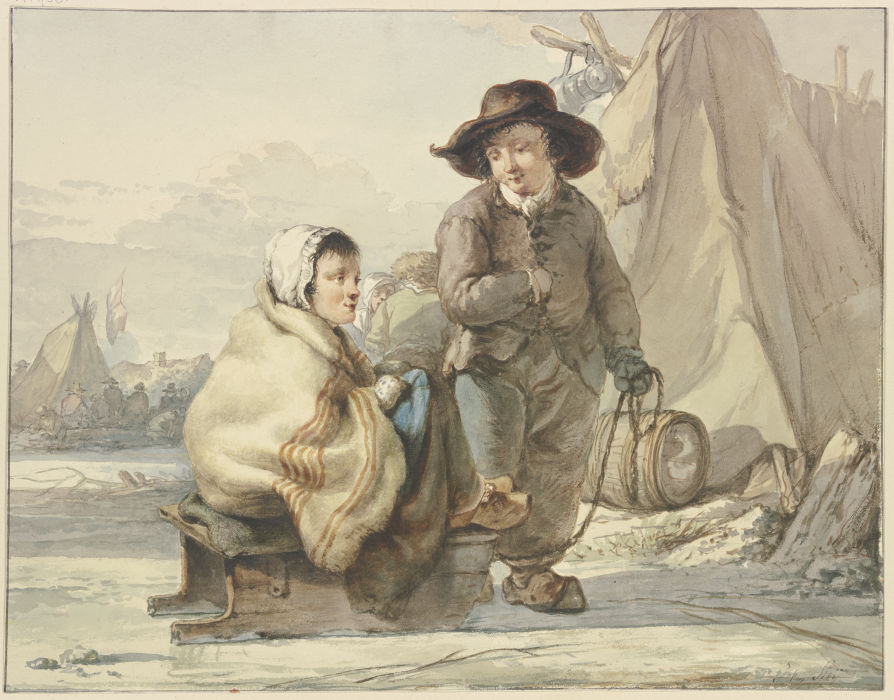 Mädchen auf einem Schlitten, daneben ein Junge, in einem Lager from Jacob van Strij