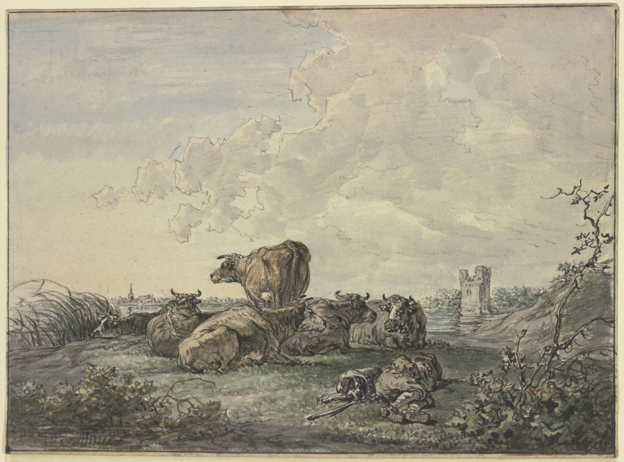 Schlafender Hirte und Rinderherde in einer Landschaft from Jacob van Strij
