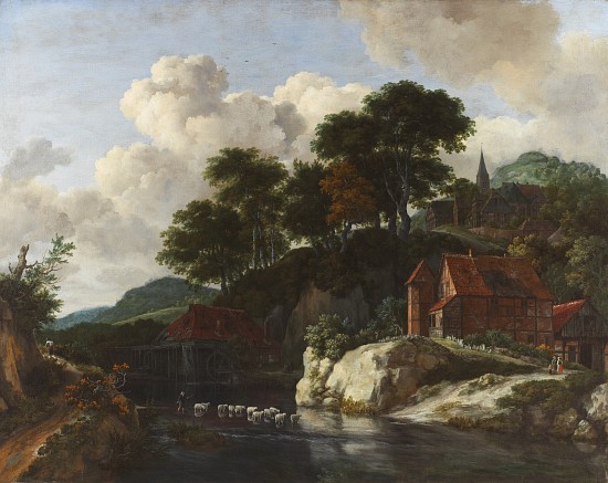 Hilly Landscape with a Watermill from Jacob Isaaksz. or Isaacksz. van Ruisdael