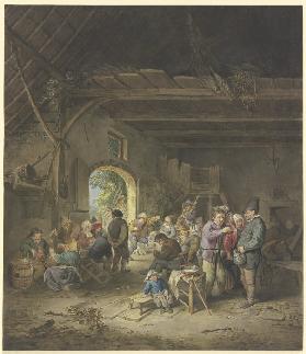 Feiernde Bauern in einer Scheune