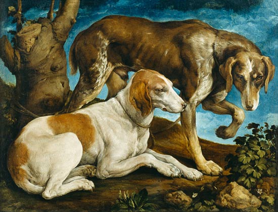 Two Hunting Dogs Tied to a Tree Stump from Jacopo Bassano