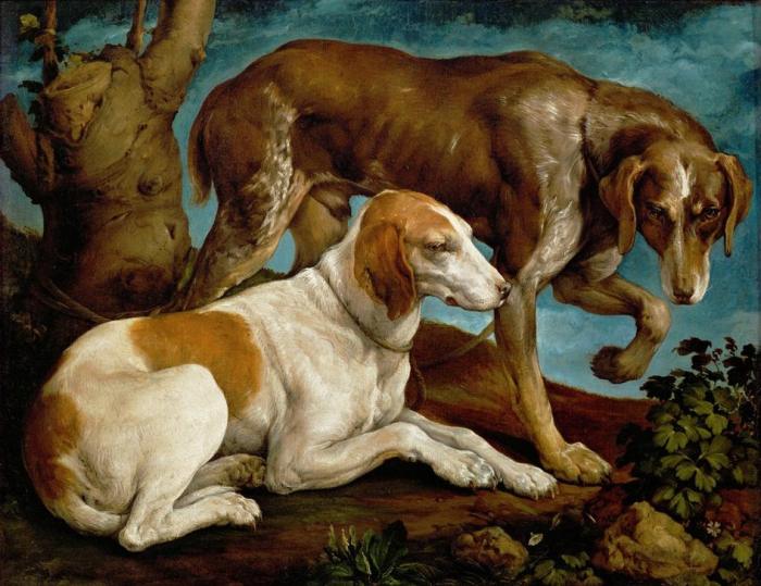 Zwei Jagdhunde, an einen Baumstumpf gebunden from Jacopo Bassano