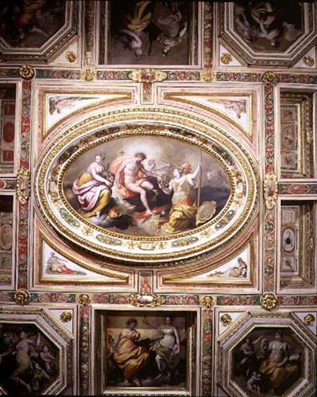 The 'Sala delle Muse' (Hall of the Muses) detail of the coffered ceiling decoration depicting Apollo from Jacopo Zucchi