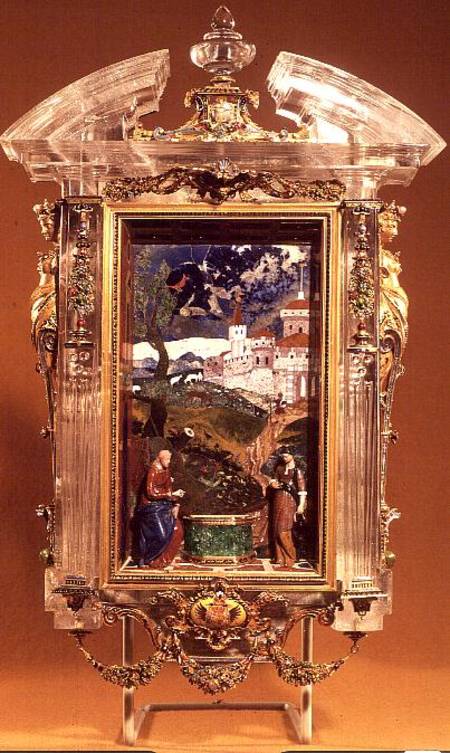 Christ and the Samaritan, pietre dure panel by Cristofano Gaffuri (d.1626), set in a rock crystal fr from Jacques Byliveldt (1550-1603) and Bernadino Gaffuri