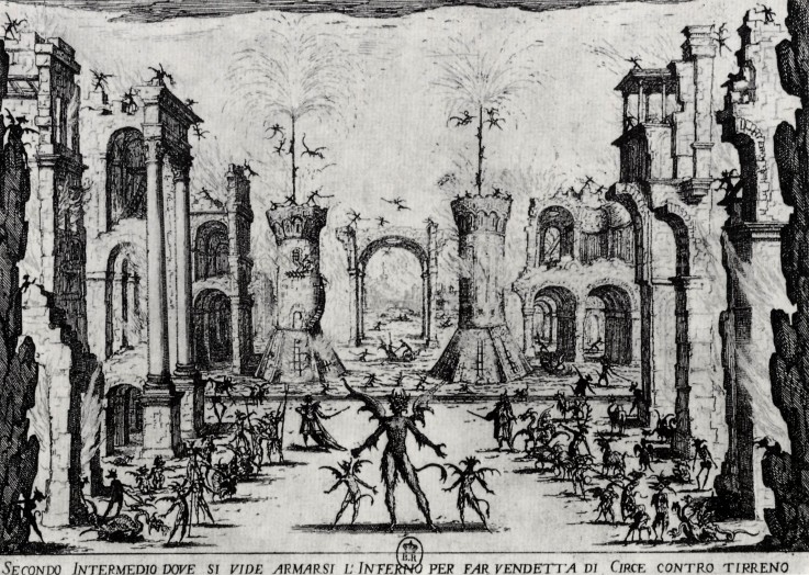 Illustration for Theatre play "Les intermèdes" by Andrea Salvadori (Second Act where Hell was seen t from Jacques Callot