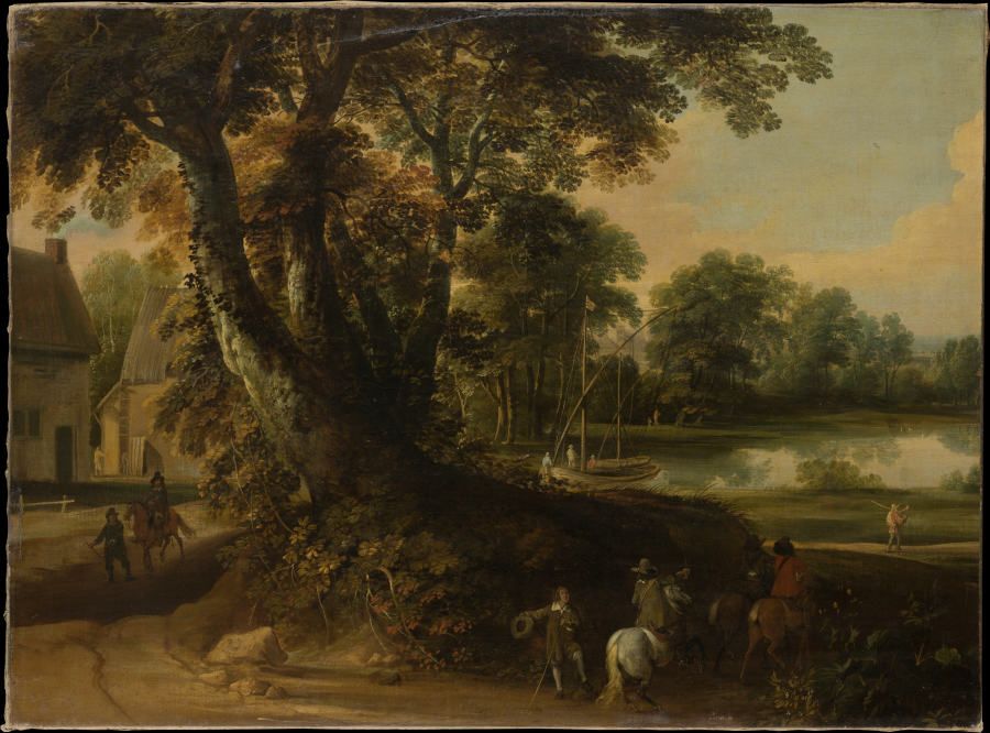 Landschaft mit einer Baumgruppe an einem Seeufer, vorn am Wege drei Reiter from Jacques d' Arthois