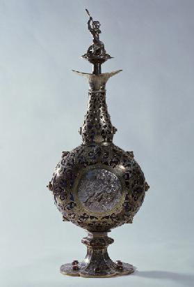 Silver and blue glass flask mounted with garnets, niello and partially gilded, ca 1851, made by Fran